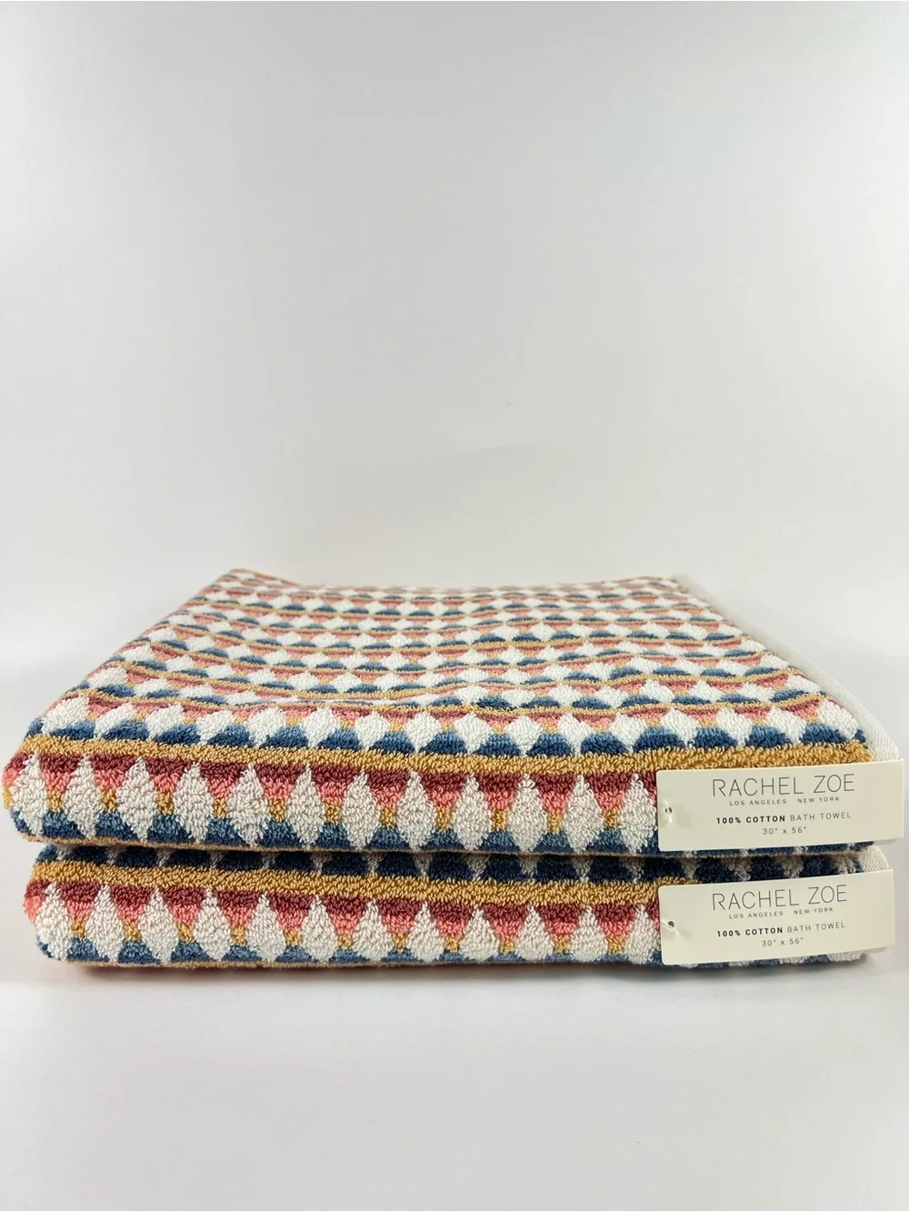 Rachel Zoe Geometric Bath Towel Set Blue Rust Cream 100% Cotton 2 Pc NEW
